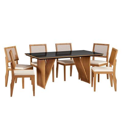 Mesa De Jantar Mia Preto E Mel 160x90 Cm Com 06 Cadeiras