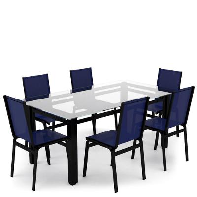 Sala Jantar Retangular 6 Lugares Alumínio Preto Tela Azul