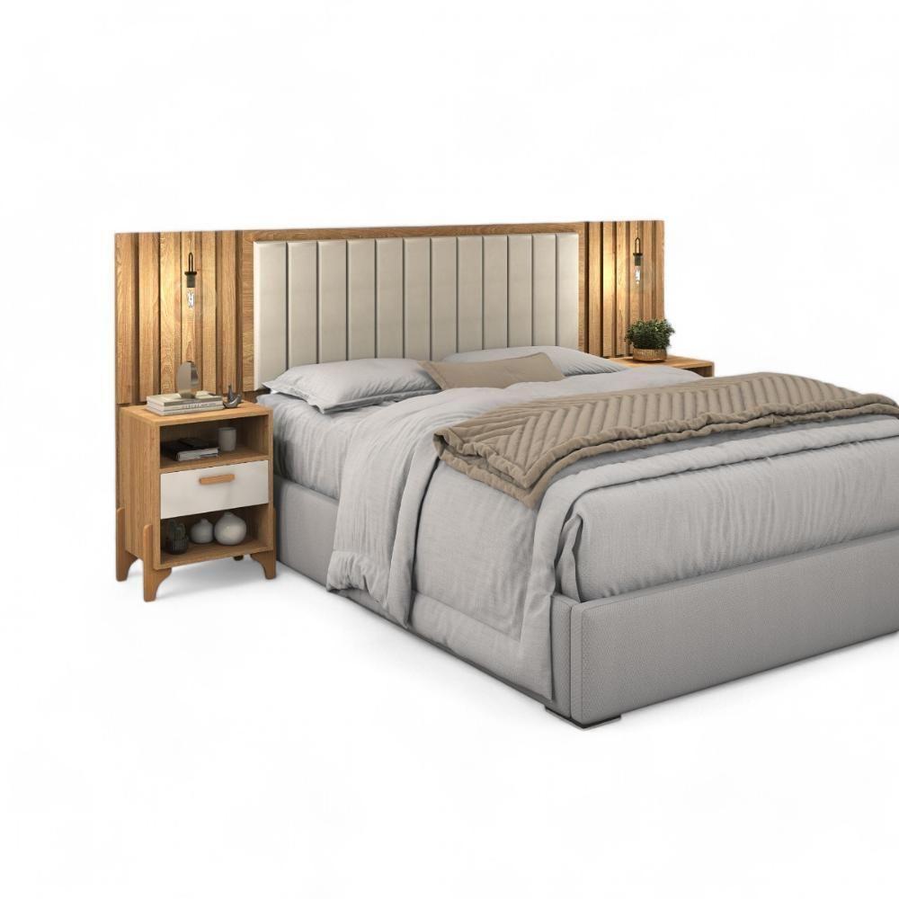 Cabeceira Estofada Casal Onix Freijó E Off White Ripado - 1