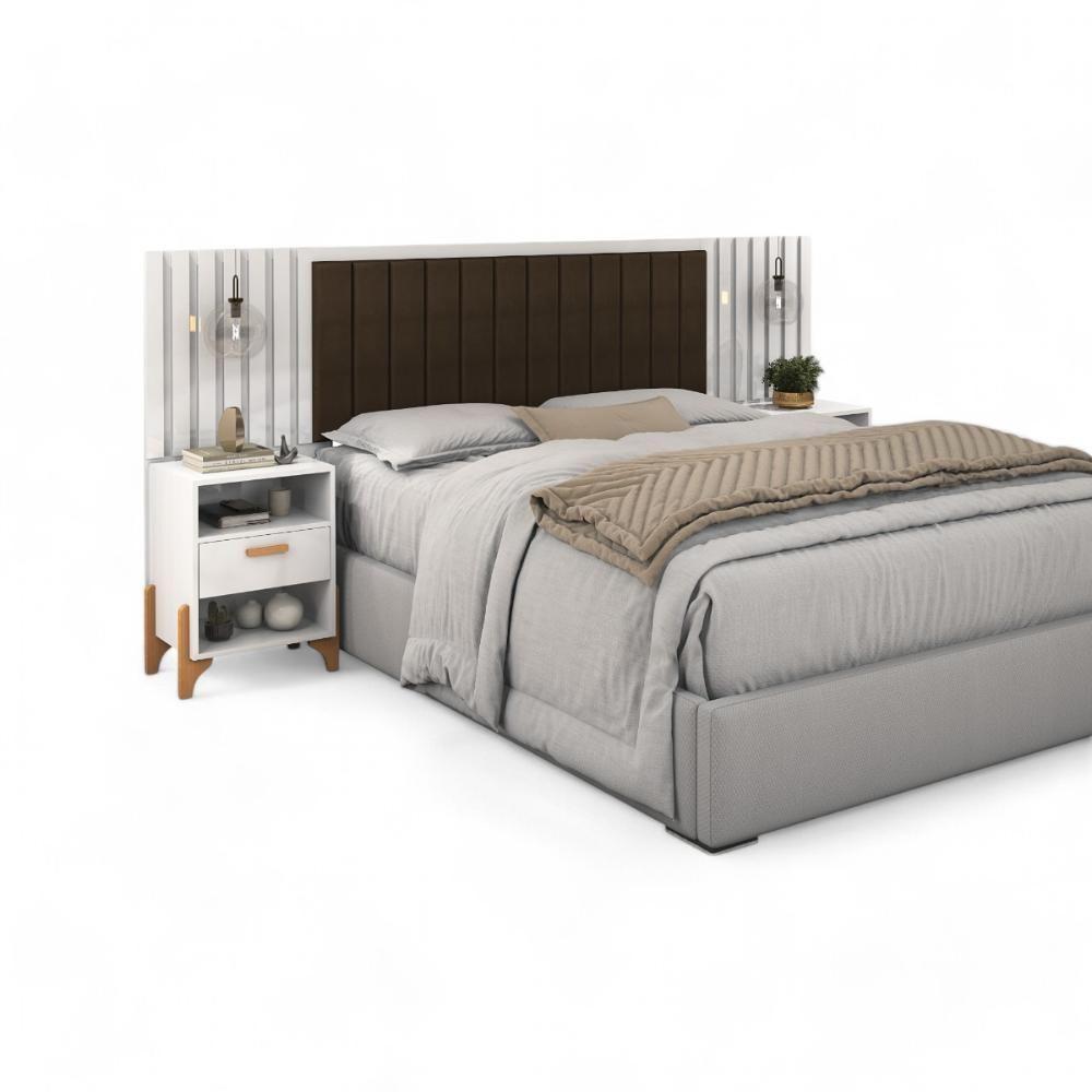 Cabeceira Estofada Casal Onix Branco E Café Ripado - 2