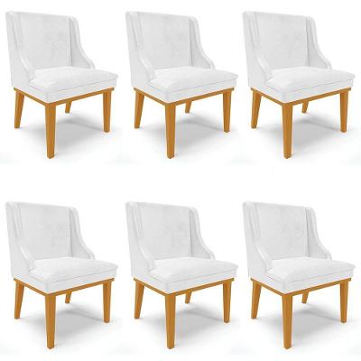 Kit 6 Cadeiras Estofadas Base Fixa De Madeira Castanho Lia Sintético Premium Branco