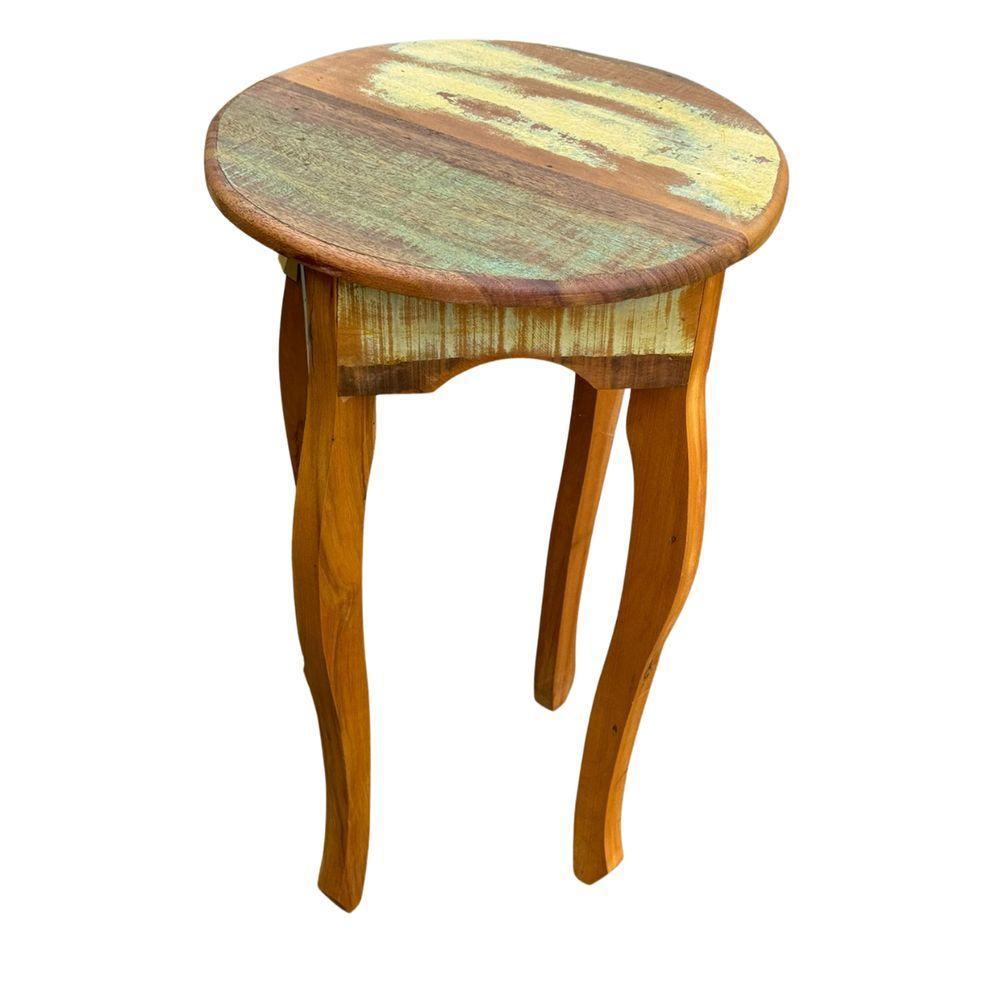 Mesa Lateral Redonda Rústica Em Madeira De Demolição – 40x65cm - 1