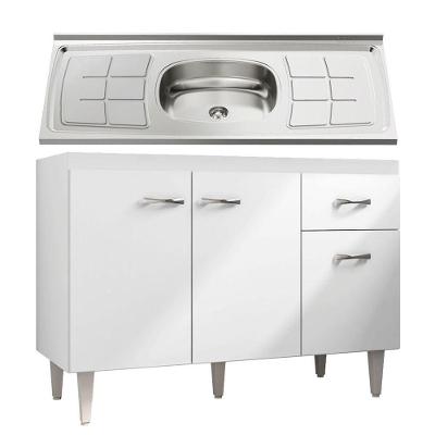 Balcão Gabinete Gabriela Com Pia Inox 120Cm 3 Portas Branco/Preto - Ajl Móveis