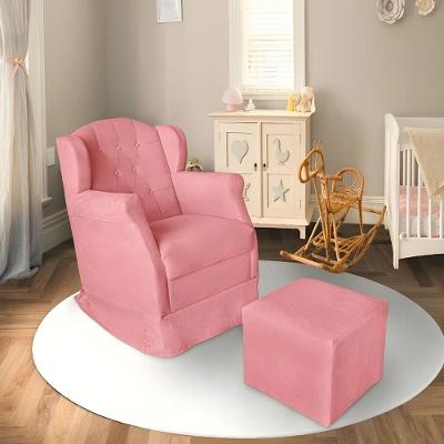 Poltrona Decorativa Amamentação Balanço E Puff Bebê Suede Rosê