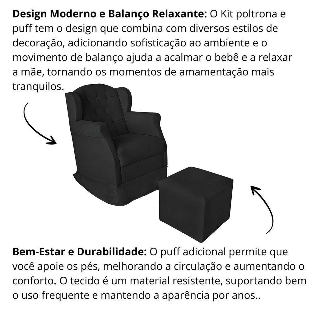 Poltrona Decorativa Amamentação Balanço E Puff Bebê Suede Preto - 5