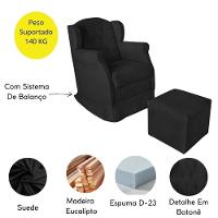 Poltrona Decorativa Amamentação Balanço E Puff Bebê Suede Preto