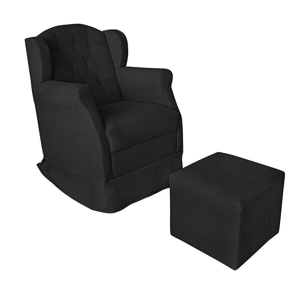 Kit Poltrona Amamentação Com Puff Confortável Serena Suede Preto - 1