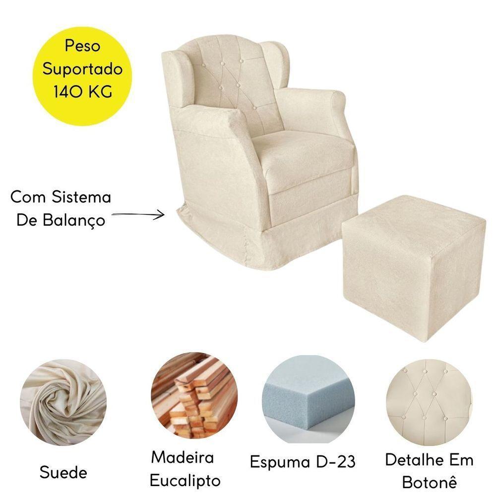 Poltrona Amamentação Com Balanço E Puff Luxo Suede Manuela Bege - 4