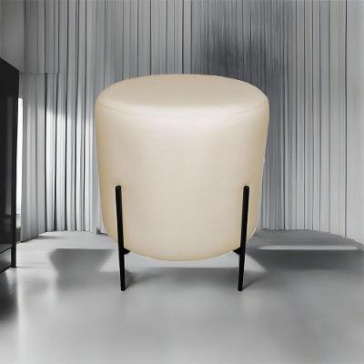 Puff Redondo Decorativo Base Pés De Ferro Reforçado Bege Base Pés Preto Linho