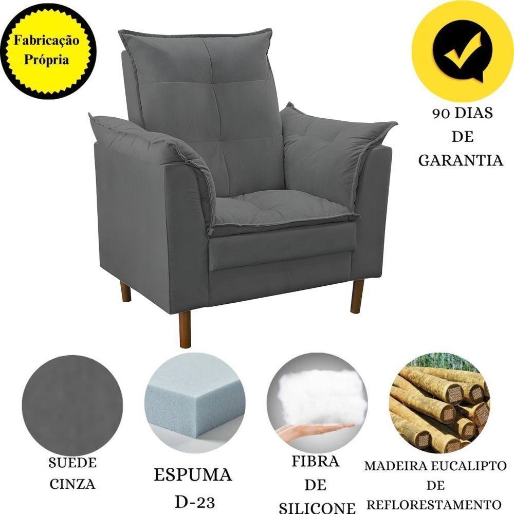 Poltrona Decorativa Sala De Estar Quarto Leitura Azera Suede Cinza - 4