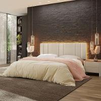 Cabeceira Estofada Cama Casal King Size Led Star 200 Cm Bivolt Bouclé Bege - 1