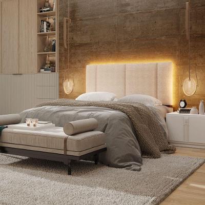 Cabeceira Estofada Cama Box Casal Com Led Star 140 Cm Bivolt Linho Bege