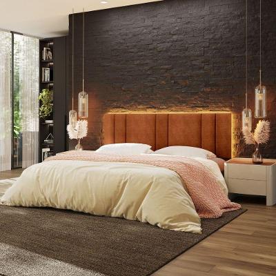 Cabeceira Estofada Cama Casal King Size Led Star 200 Cm Bivolt Bouclé Terracota