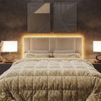 Cabeceira Estofada Cama Casal Queen Size Led Star 160 Cm Bivolt Linho Bege - 10