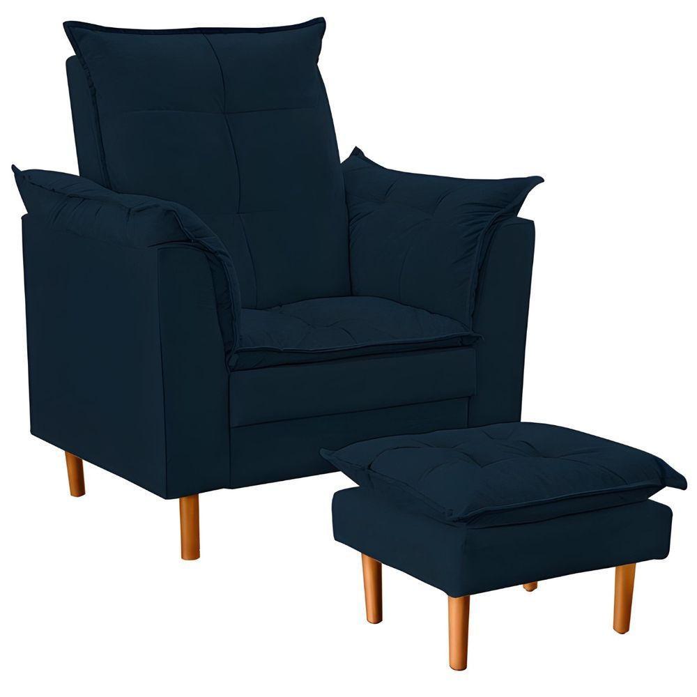 Poltrona De Amamentação Quarto De Bebê Com Puff Melina Suede Azul Marinho - 1