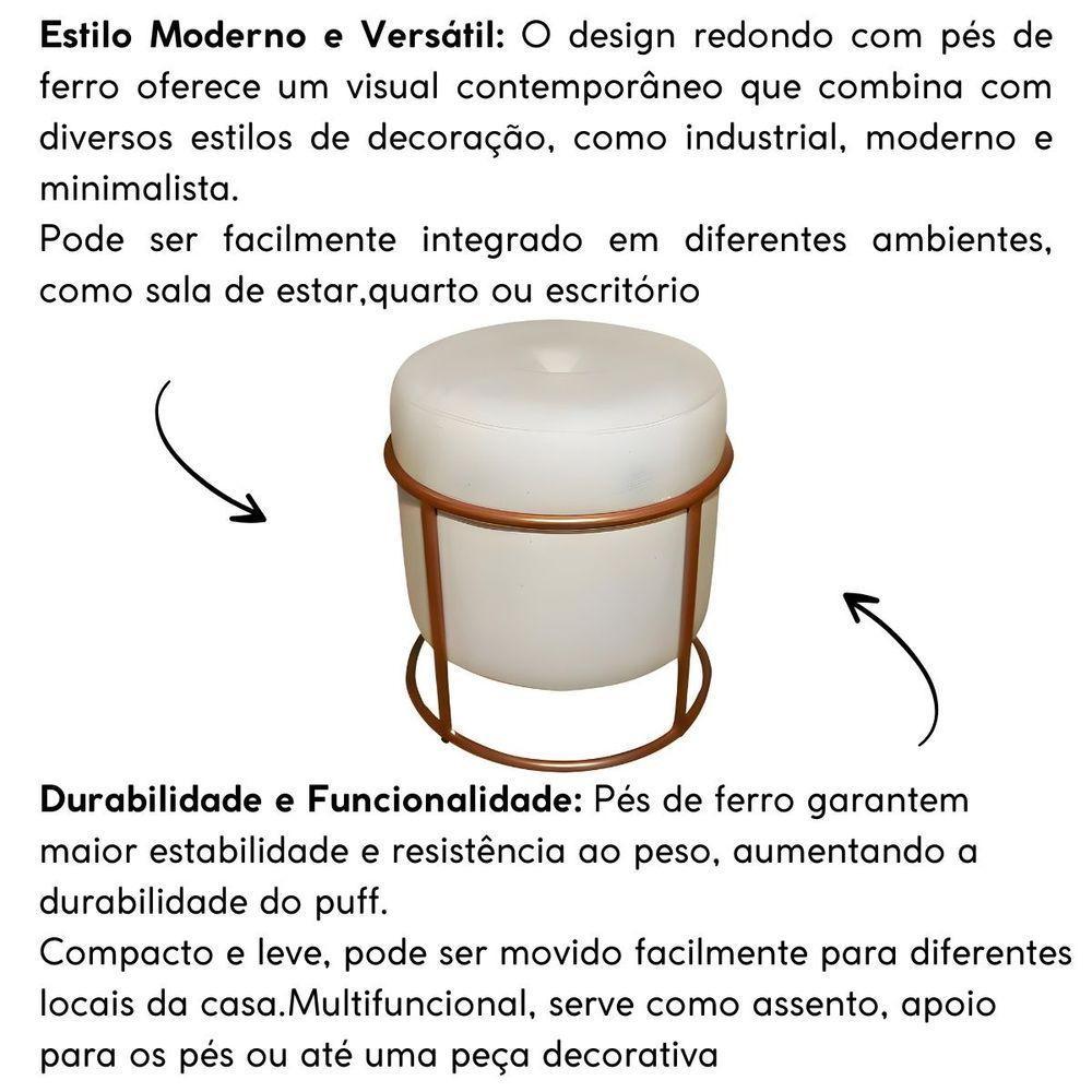Puff De Ferro Decorativo Redondo Para Sala Argola Ariel Bege bronze Linho - 5