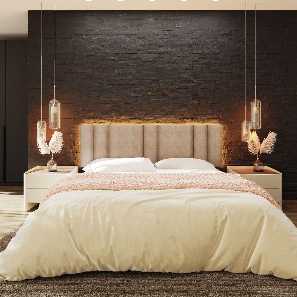 Cabeceira Estofada Iluminação Led Glow Cama King Size 200 Cm Bouclé Bege - 10