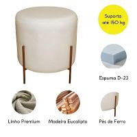 Puff Redondo Decorativo Base Pés De Ferro Reforçado Bege Base Pés:bronze Tecido: Linho