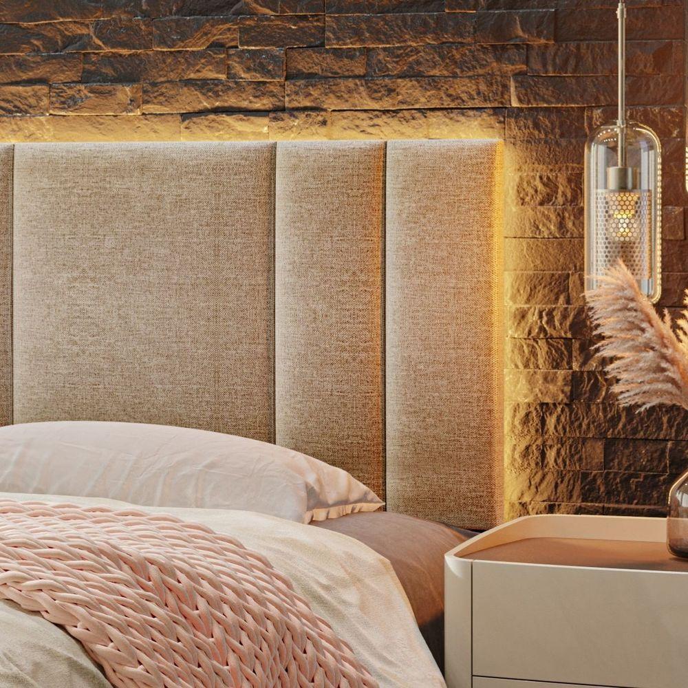 Cabeceira Estofada Cama Casal King Size Led Star 200 Cm Bivolt Linho Bege - 9