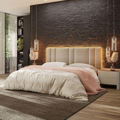 Cabeceira Estofada Cama Casal King Size Led Star 200 Cm Bivolt Linho Bege