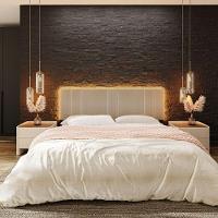 Cabeceira Estofada Cama Casal King Size Led Star 200 Cm Bivolt Linho Bege - 10