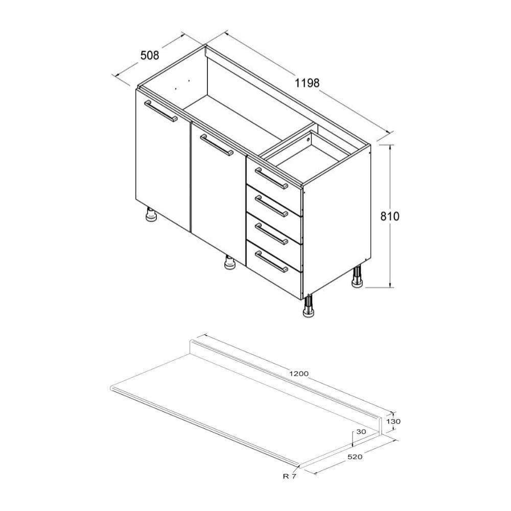 Balcão Cozinha Ditália Aspen 2 Portas 4 Gavetas Carvalho Branco Tampo Preto Cd-104 - 2