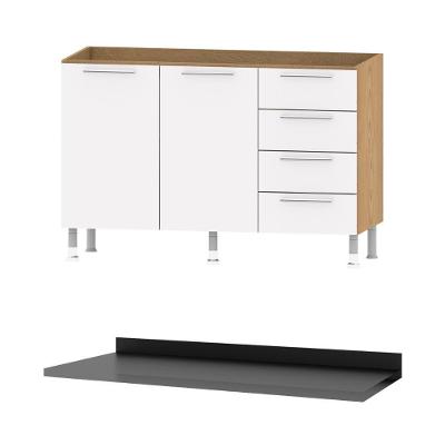 Balcão Cozinha Ditália Aspen 2 Portas 4 Gavetas Carvalho Branco Tampo Preto Cd-104