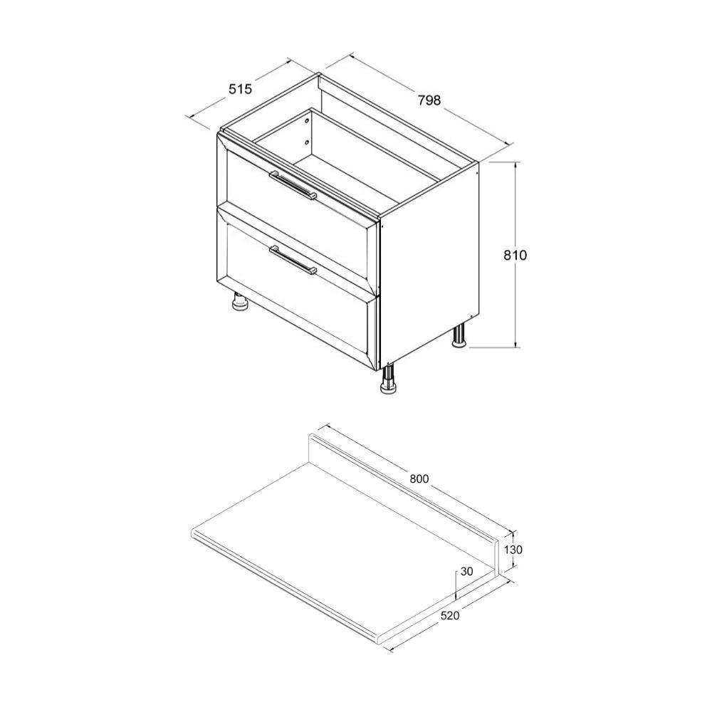 Balcão Cozinha Ditália Aspen 2 Gavetas Vidro Cv Tampo Preto Cd-108 - 3