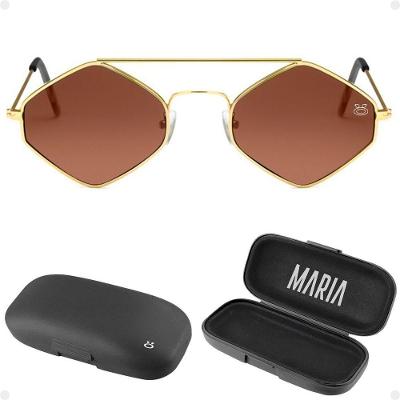 Oculos Sol Feminino Losango Proteção Uv Marrom Metal + Case Casual Proteção Uv Moda Presente Verão
