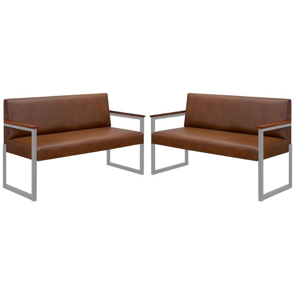 Conjunto 2 Sofás De 2 Lugares Niterói Couro Marrom Em Metal Champanhe - 1