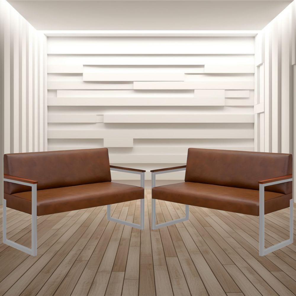 Conjunto 2 Sofás De 2 Lugares Niterói Couro Marrom Em Metal Champanhe - 2