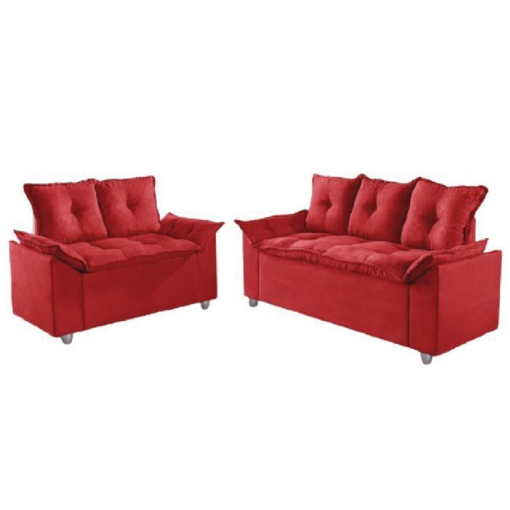 Conjunto Sofá 2 E 3 Lugares Viena Veludo Vermelho - 4