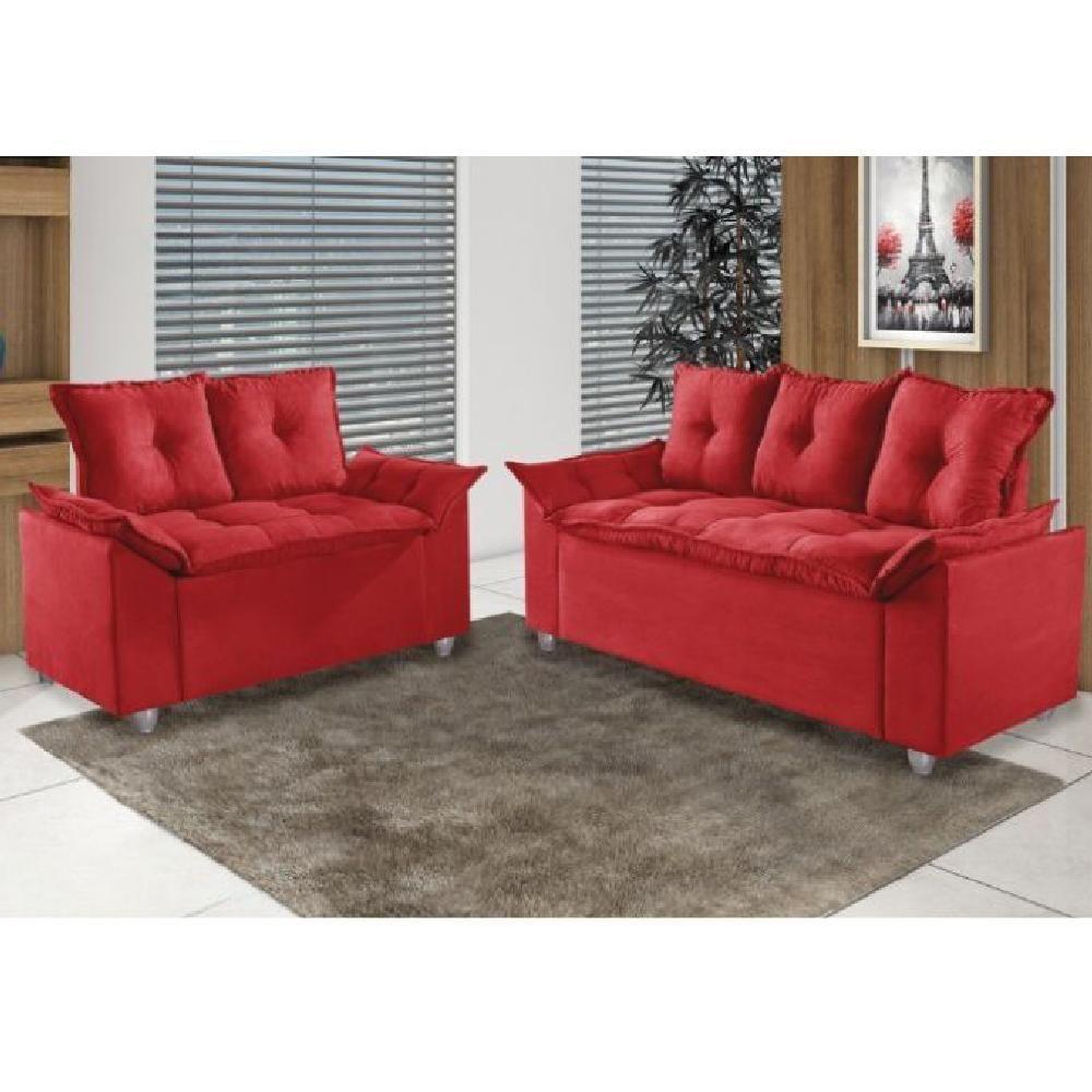 Conjunto Sofá 2 E 3 Lugares Viena Veludo Vermelho - 5
