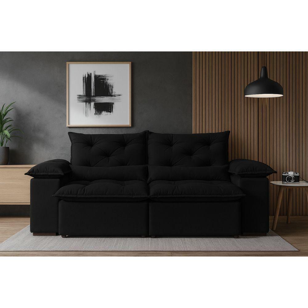 Sofá Retrátil Reclinável Porto Veludo Preto 2 M - 2