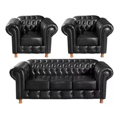 Conjunto Sofá 3 Lugares E 2 Poltrona Chesterfield Luís Xv Vintage Retrô Capitonê Couro Preto
