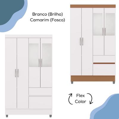 Guarda Roupa Solteiro 4 Portas 2 Gavetas Branco Camarim com Espelho MDP