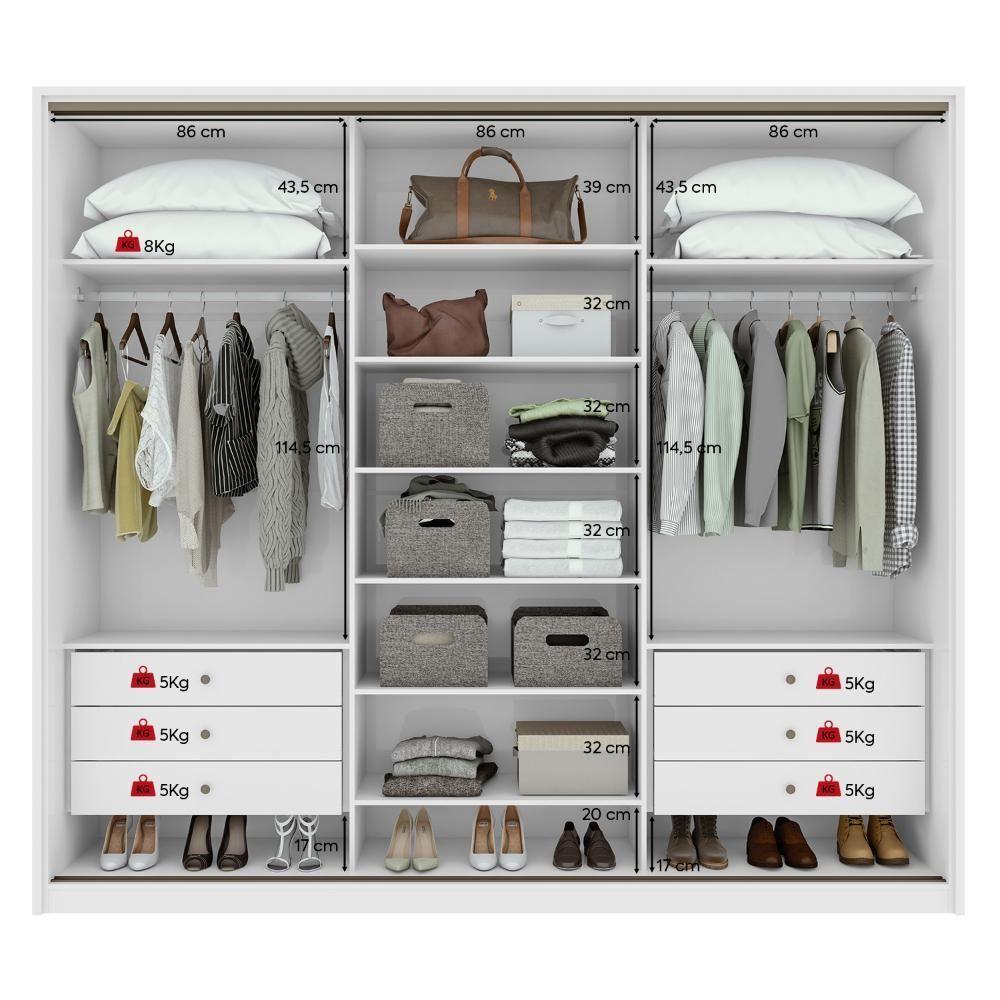 Guarda-roupa Casal 100% Mdf 3 Portas 6 Gavetas Vitta 2,70 Glass Branco - 4