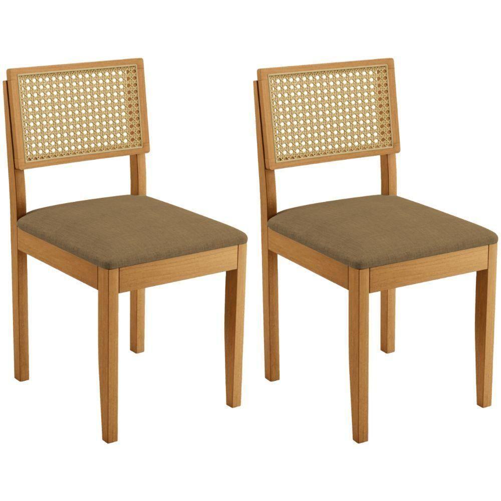 Conjunto 2 Cadeiras Jade 03 Com Rattan Linho Marrom Pés Em Madeira Jcm - 1