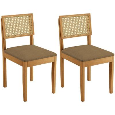 Conjunto 2 Cadeiras Jade 03 Com Rattan Linho Marrom Pés Em Madeira Jcm