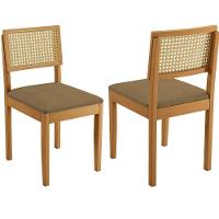 Conjunto 2 Cadeiras Jade 03 Com Rattan Linho Marrom Pés Em Madeira Jcm