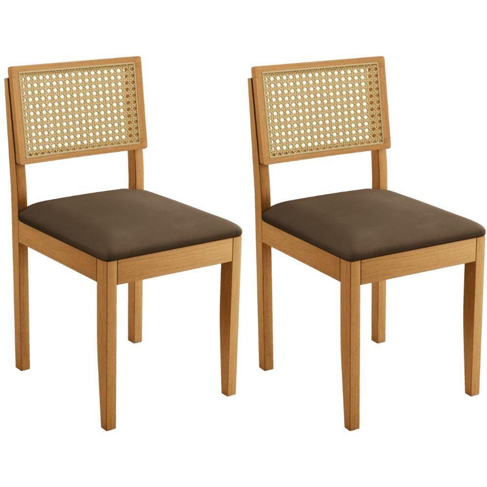 Conjunto 2 Cadeiras Jade 03 Com Rattan Veludo Marrom Pés Em Madeira Jcm - 1