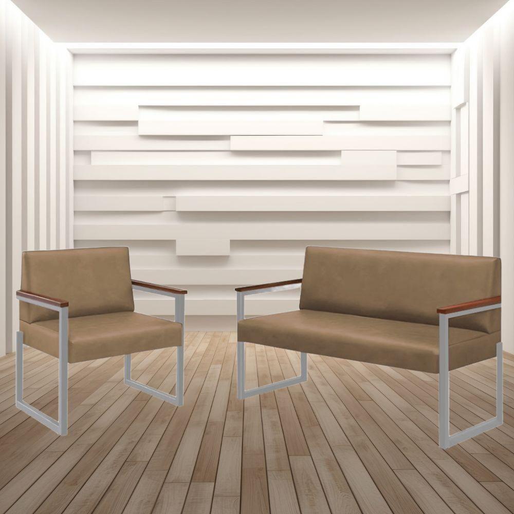 Conjunto Sofá 2 Lugares E 1 Poltrona Niterói Couro Bege Em Metal Champanhe - 2