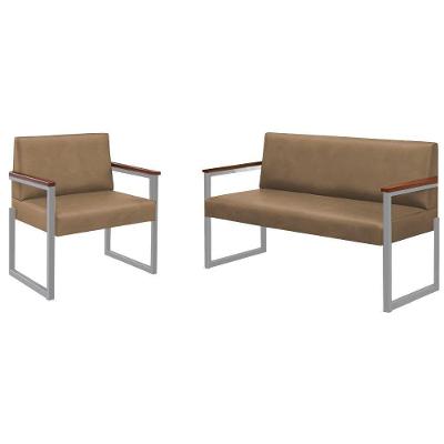 Conjunto Sofá 2 Lugares E 1 Poltrona Niterói Couro Bege Em Metal Champanhe