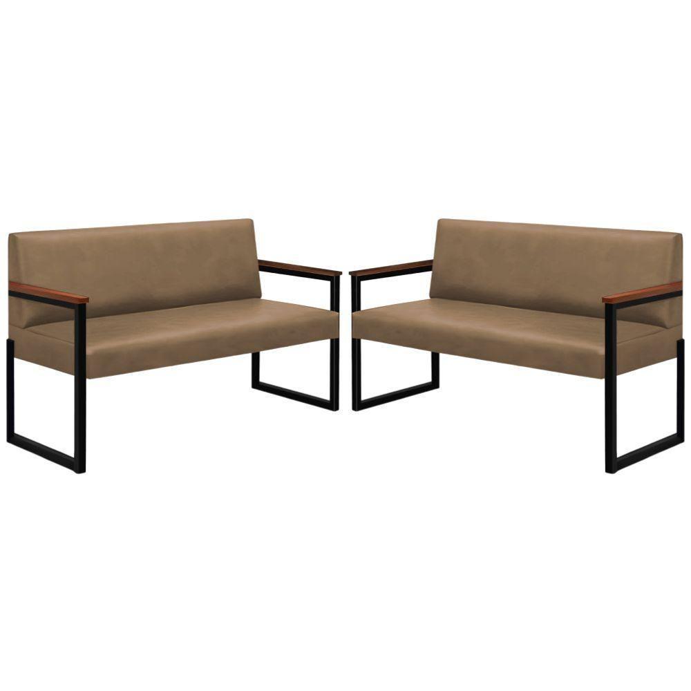 Conjunto 2 Sofás De 2 Lugares Niterói Couro Bege Em Metal Preto - 1
