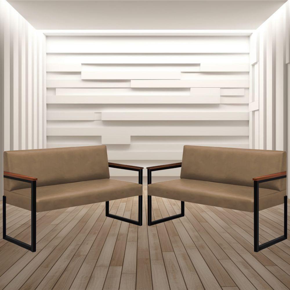 Conjunto 2 Sofás De 2 Lugares Niterói Couro Bege Em Metal Preto - 2