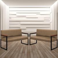 Conjunto 2 Sofás De 2 Lugares Niterói Couro Bege Em Metal Preto - 2