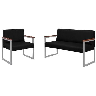 Conjunto Sofá 2 Lugares E 1 Poltrona Niterói Couro Preto Em Metal Champanhe