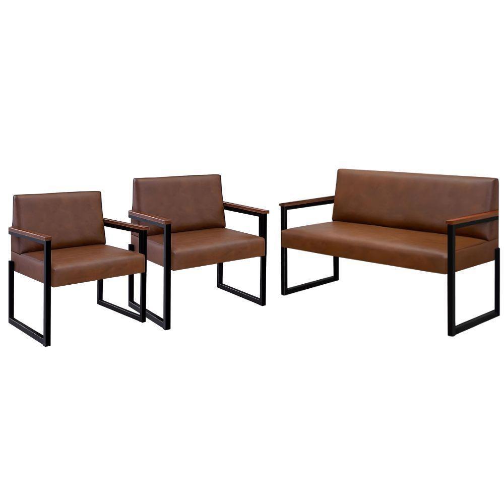 Conjunto Sofá 2 Lugares E 2 Poltronas Niterói Couro Marrom Em Metal Preto - 1