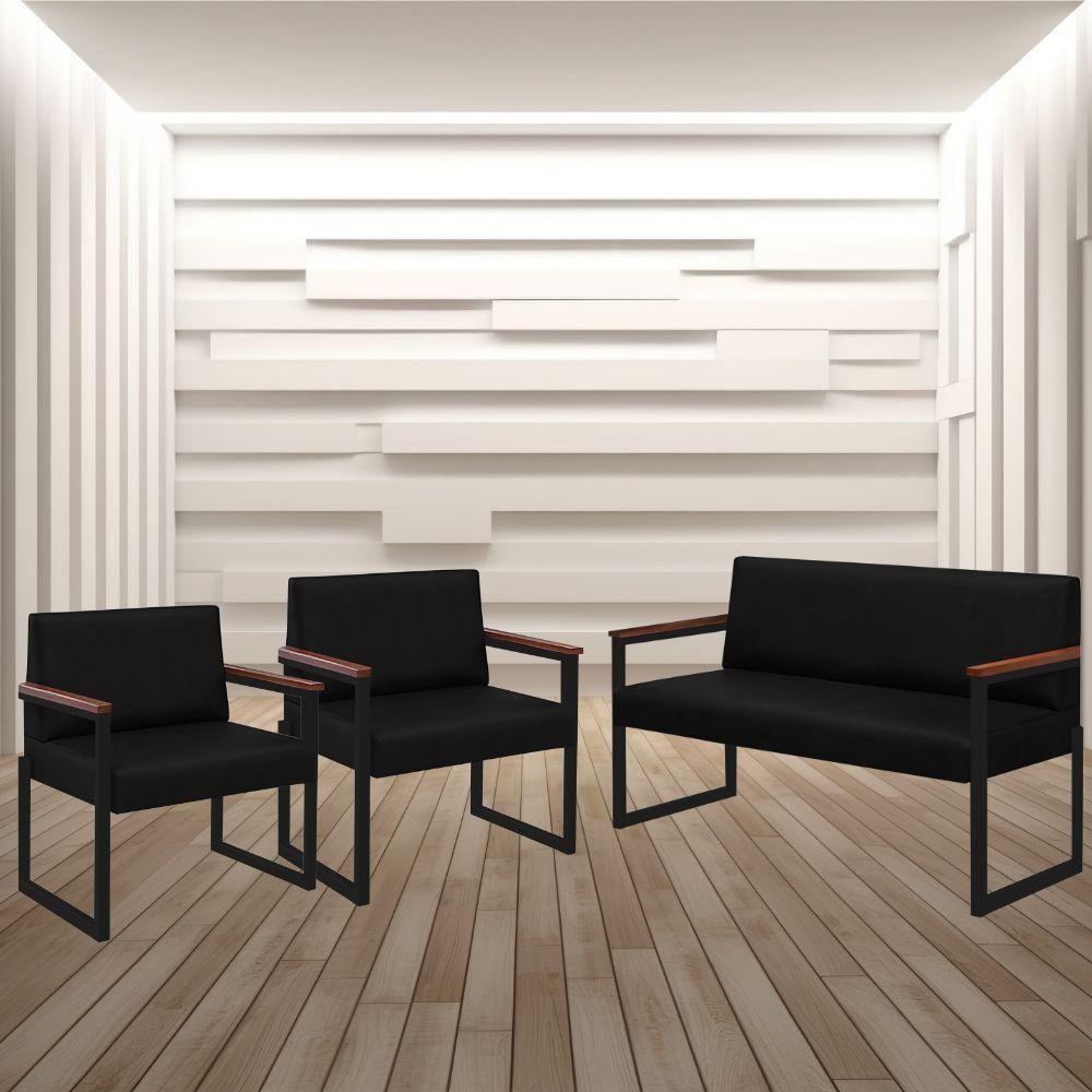 Conjunto Sofá 2 Lugares E 2 Poltronas Niterói Couro Preto Em Metal Preto - 2