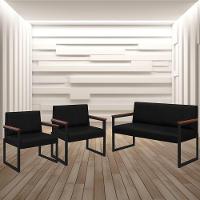 Conjunto Sofá 2 Lugares E 2 Poltronas Niterói Couro Preto Em Metal Preto - 2